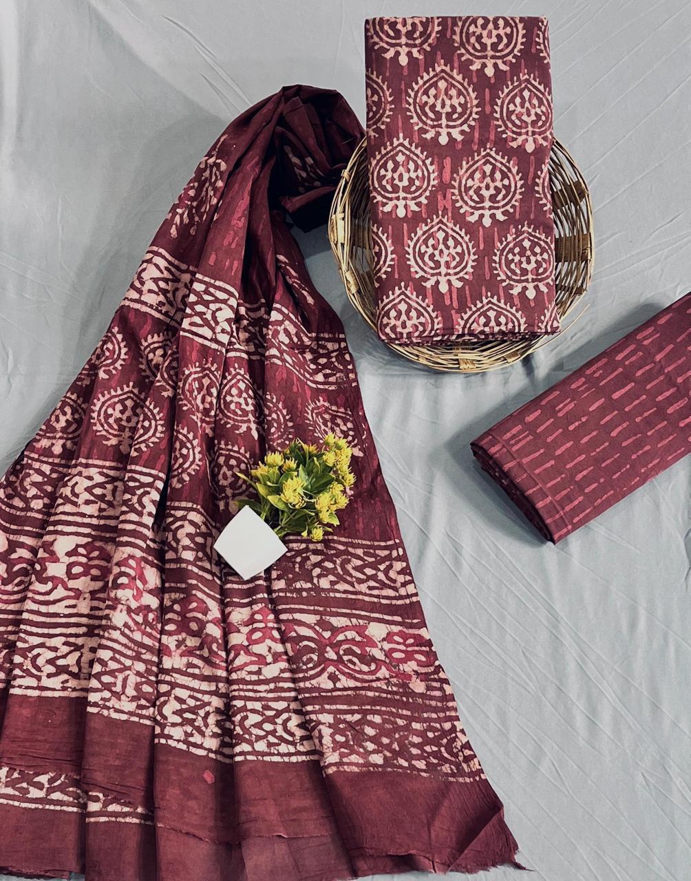 Wholesale Handblock Printed Cotton Mul Mul Dress Material Set with Mul Dupatta – Dusty Pink Color, Handcrafted in Rajasthan for Designers, Boutiques, and Bulk Orders